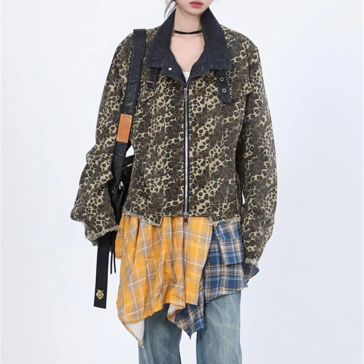 Y2k Aesthetic Leopard Print Denim Jacket for Women, Vintage Button Down Jean Jacket with Pockets, Casual Streetwear