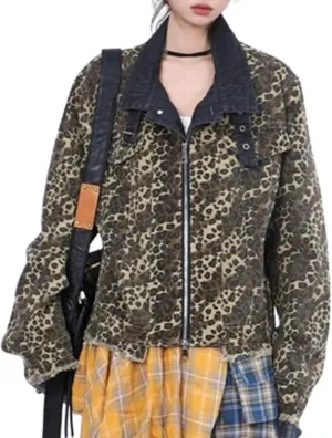 Y2k Aesthetic Leopard Print Denim Jacket for Women, Vintage Button Down Jean Jacket with Pockets, Casual Streetwear