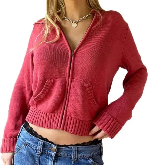 Y2k Rib Knitted Hoodie Sweaters Long Sleeve Zipper Up Knitwear Open Front Cardigan Vintage Jacket Jumper Sweatshirt