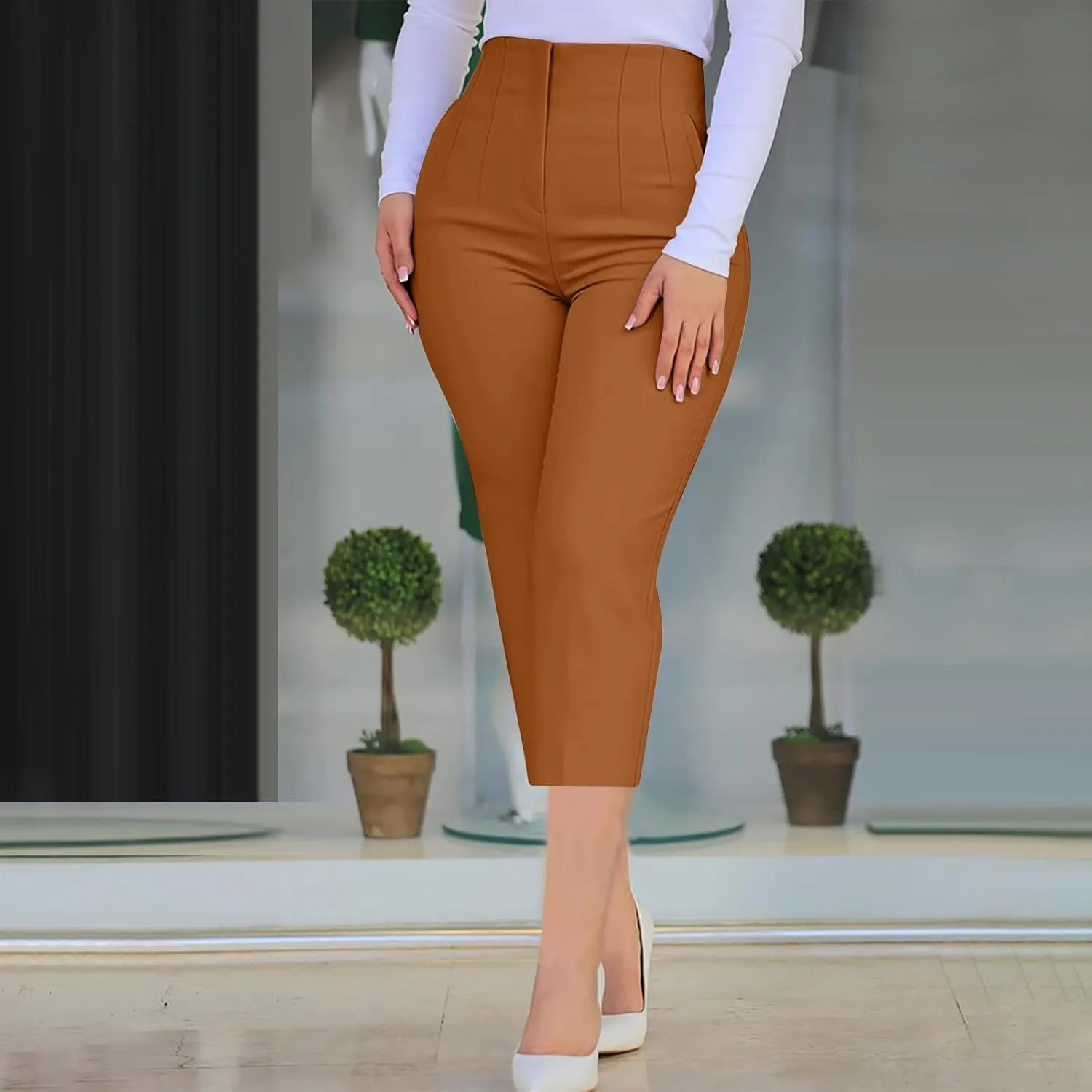yardsong Business Casual Pants for Women High Waisted Dressy Capris Summer Fashion Office Work Slim Fit Capri Dress Pants