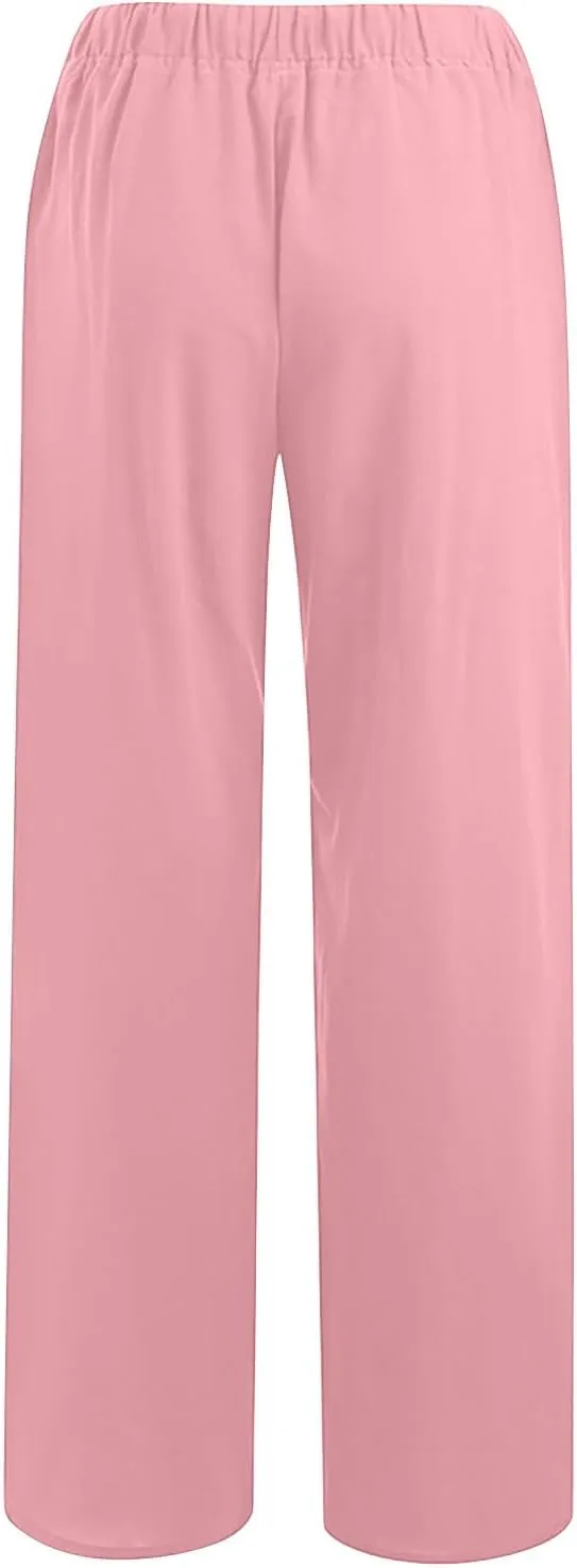yardsong Cotton Pants for Women Linen Blend Summer Wide Leg Pants Drawstring Elastic Waist Loose Fit Comfy Trousers