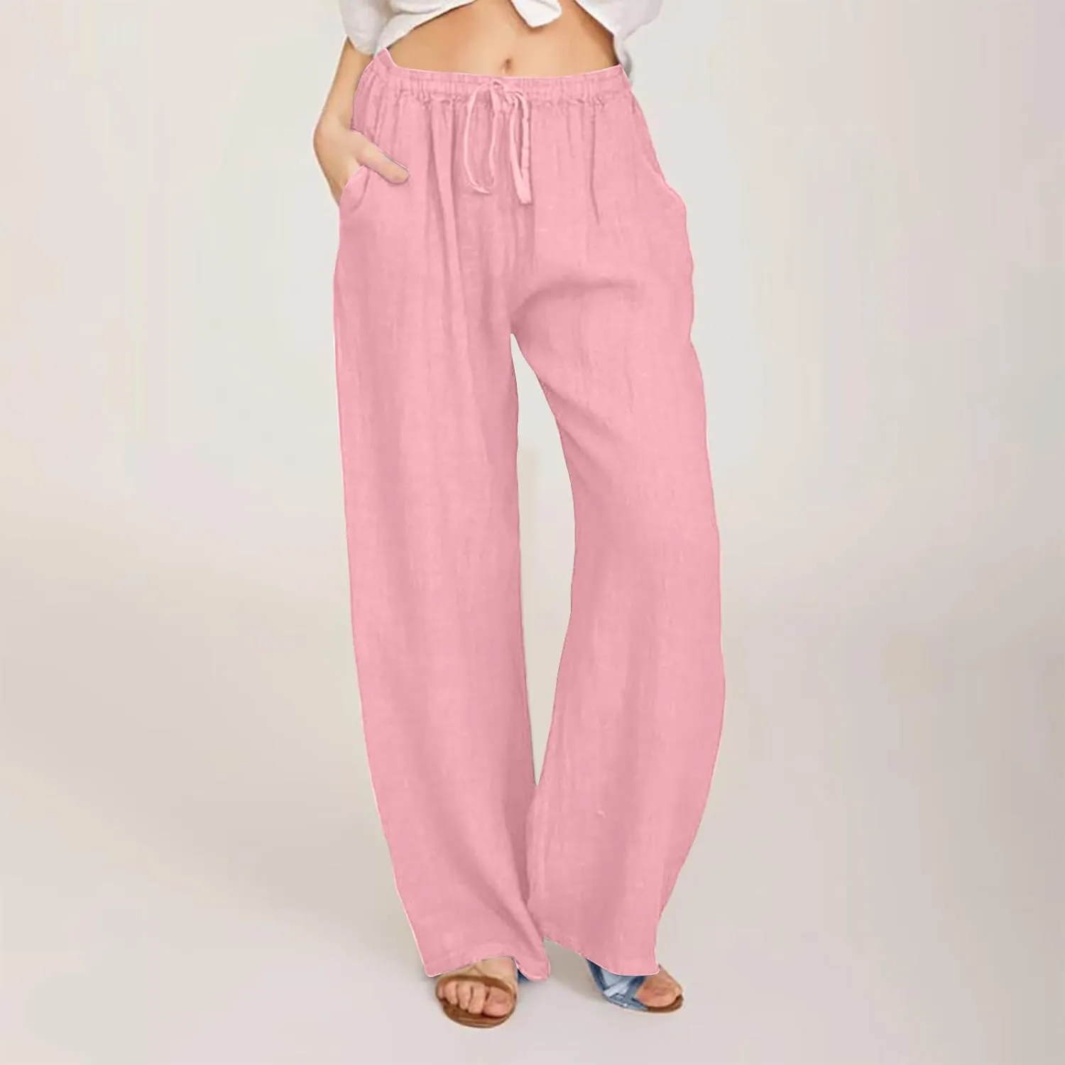 yardsong Cotton Pants for Women Linen Blend Summer Wide Leg Pants Drawstring Elastic Waist Loose Fit Comfy Trousers