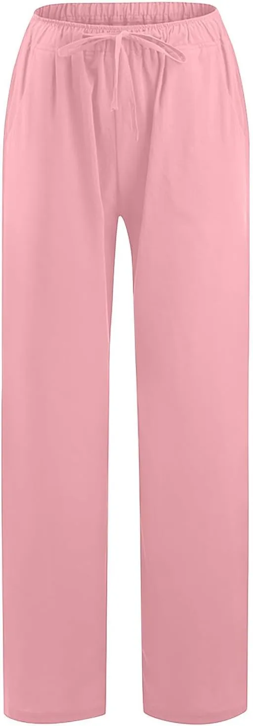 yardsong Cotton Pants for Women Linen Blend Summer Wide Leg Pants Drawstring Elastic Waist Loose Fit Comfy Trousers
