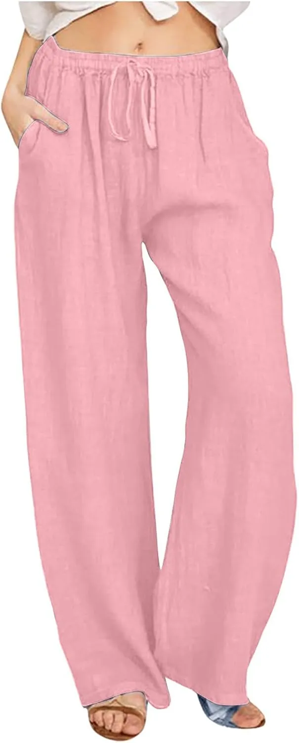 yardsong Cotton Pants for Women Linen Blend Summer Wide Leg Pants Drawstring Elastic Waist Loose Fit Comfy Trousers