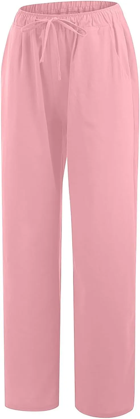 yardsong Cotton Pants for Women Linen Blend Summer Wide Leg Pants Drawstring Elastic Waist Loose Fit Comfy Trousers
