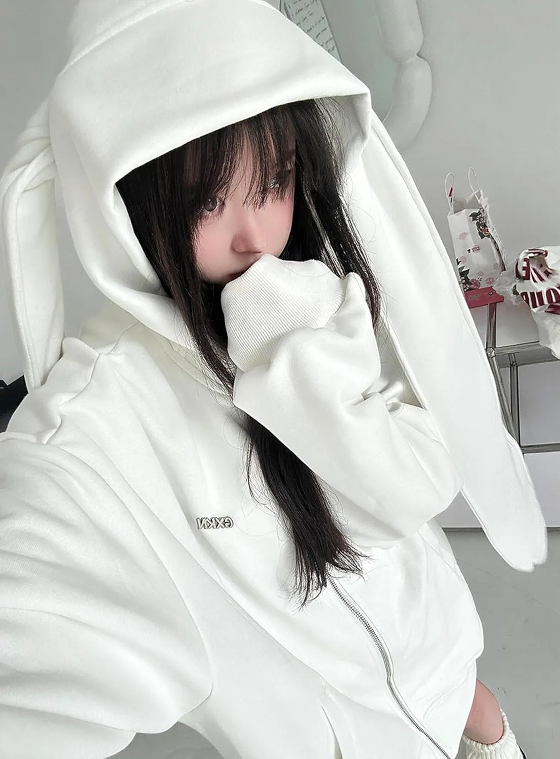 YEMOCILE Womens Kawaii Bunny Ear Oversized Hoodie Zip Up Long Sleeve Rabbit Hooded Sweatshirt
