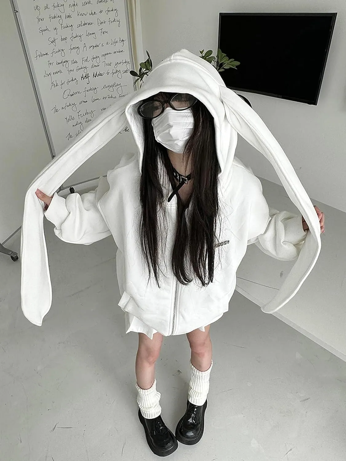 YEMOCILE Womens Kawaii Bunny Ear Oversized Hoodie Zip Up Long Sleeve Rabbit Hooded Sweatshirt