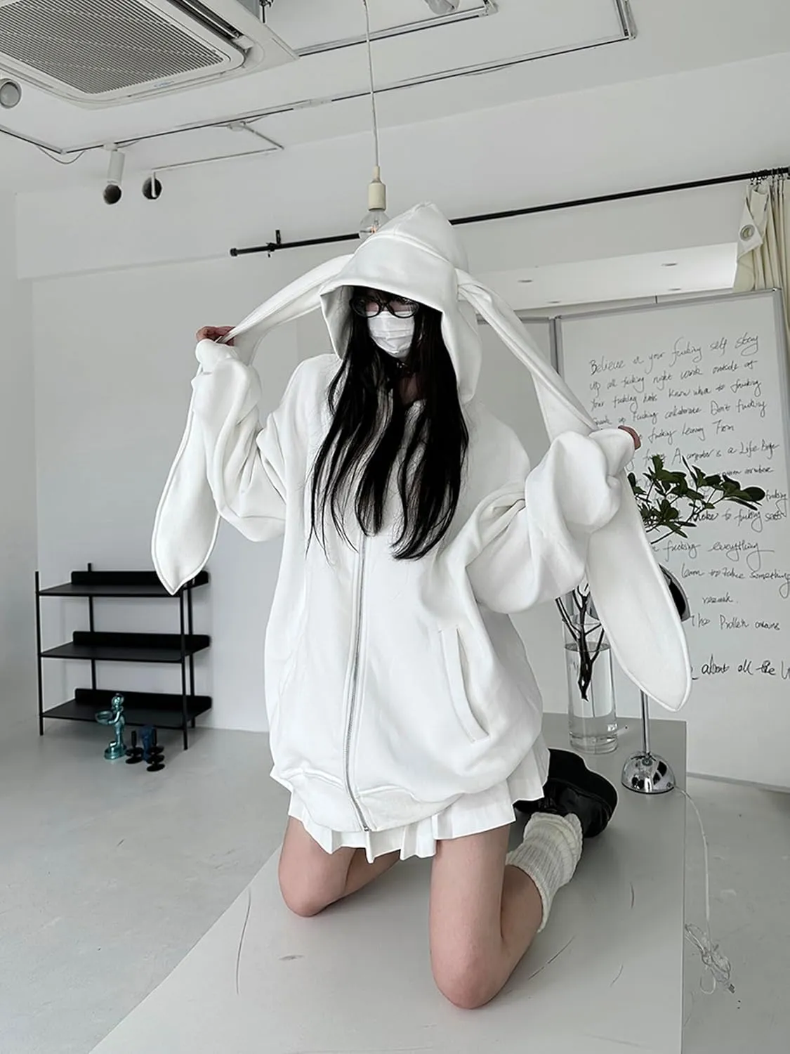 YEMOCILE Womens Kawaii Bunny Ear Oversized Hoodie Zip Up Long Sleeve Rabbit Hooded Sweatshirt