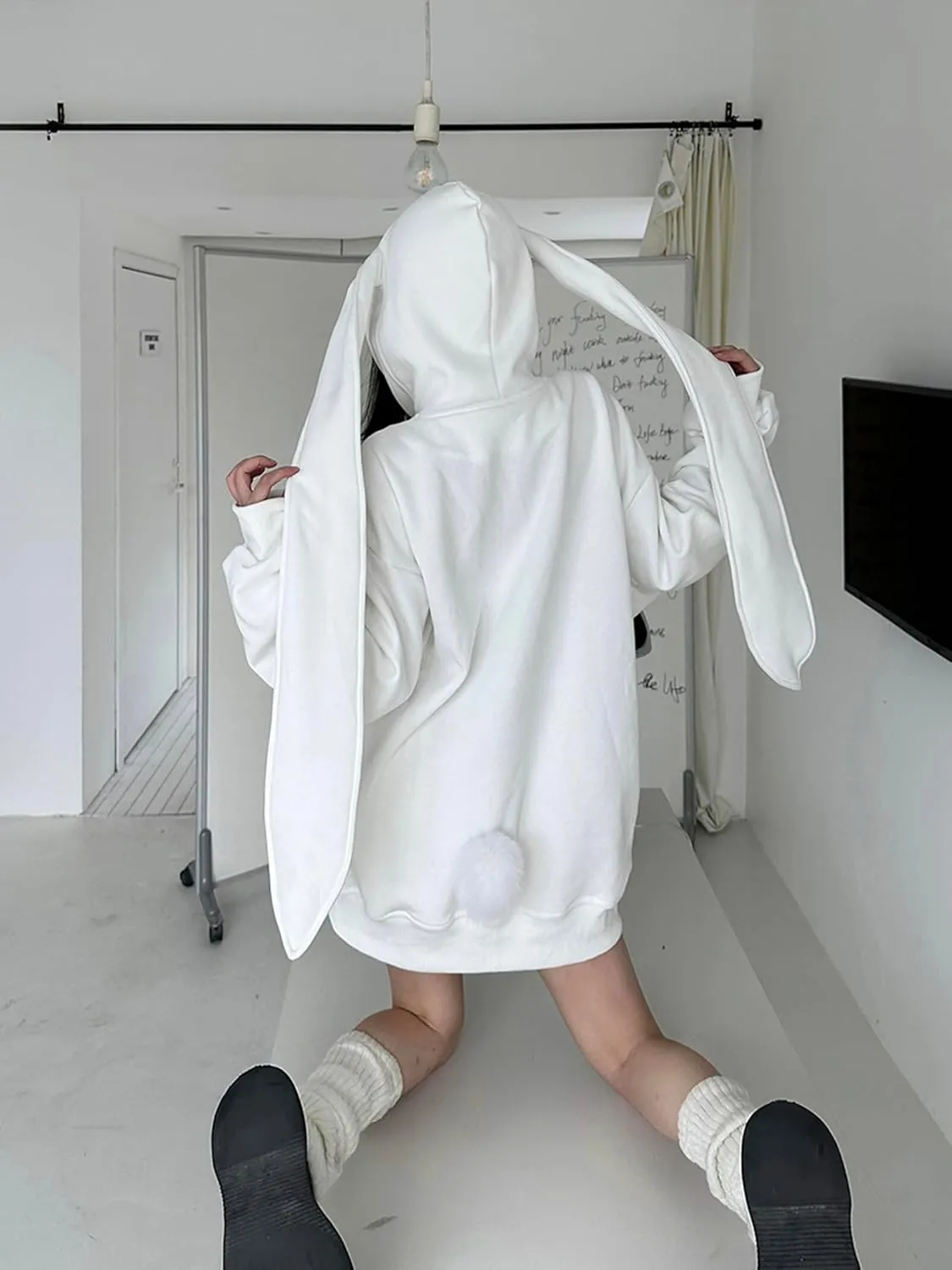 YEMOCILE Womens Kawaii Bunny Ear Oversized Hoodie Zip Up Long Sleeve Rabbit Hooded Sweatshirt