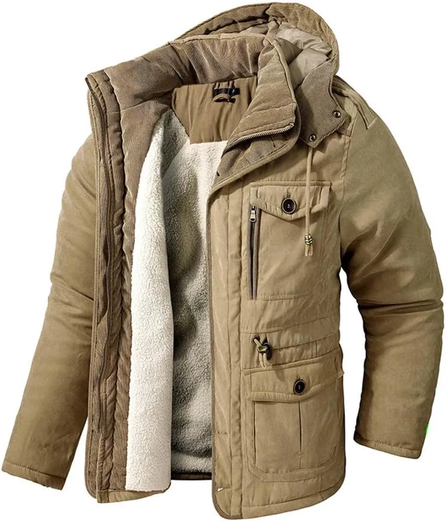 Yeuyyben Men's Thicken Parkas Warm Winter Jacket Cashmere Fleece Coats Outdoor Cotton-Padded Male Windbreaker Hooded Outwear