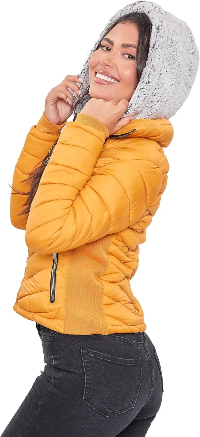 YMI Women's Junior Full Length Puffer Jacket with Detachable Sherpa Hood
