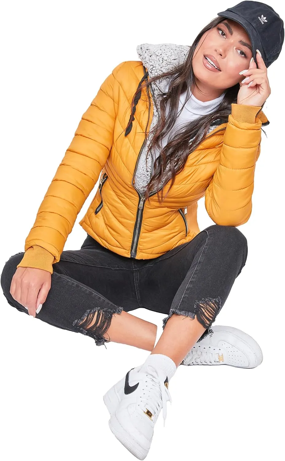YMI Women's Junior Full Length Puffer Jacket with Detachable Sherpa Hood