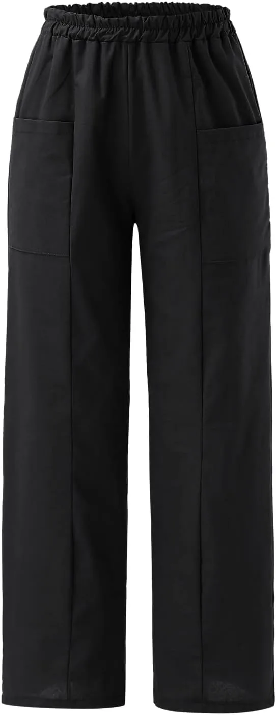 YOLAI Womens Cotton Linen Tapered Pant Elastic Waist Solid Color Harem Pant Summer Lightweight Wide Leg Trousers