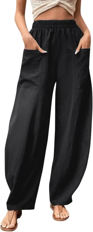 YOLAI Womens Cotton Linen Tapered Pant Elastic Waist Solid Color Harem Pant Summer Lightweight Wide Leg Trousers