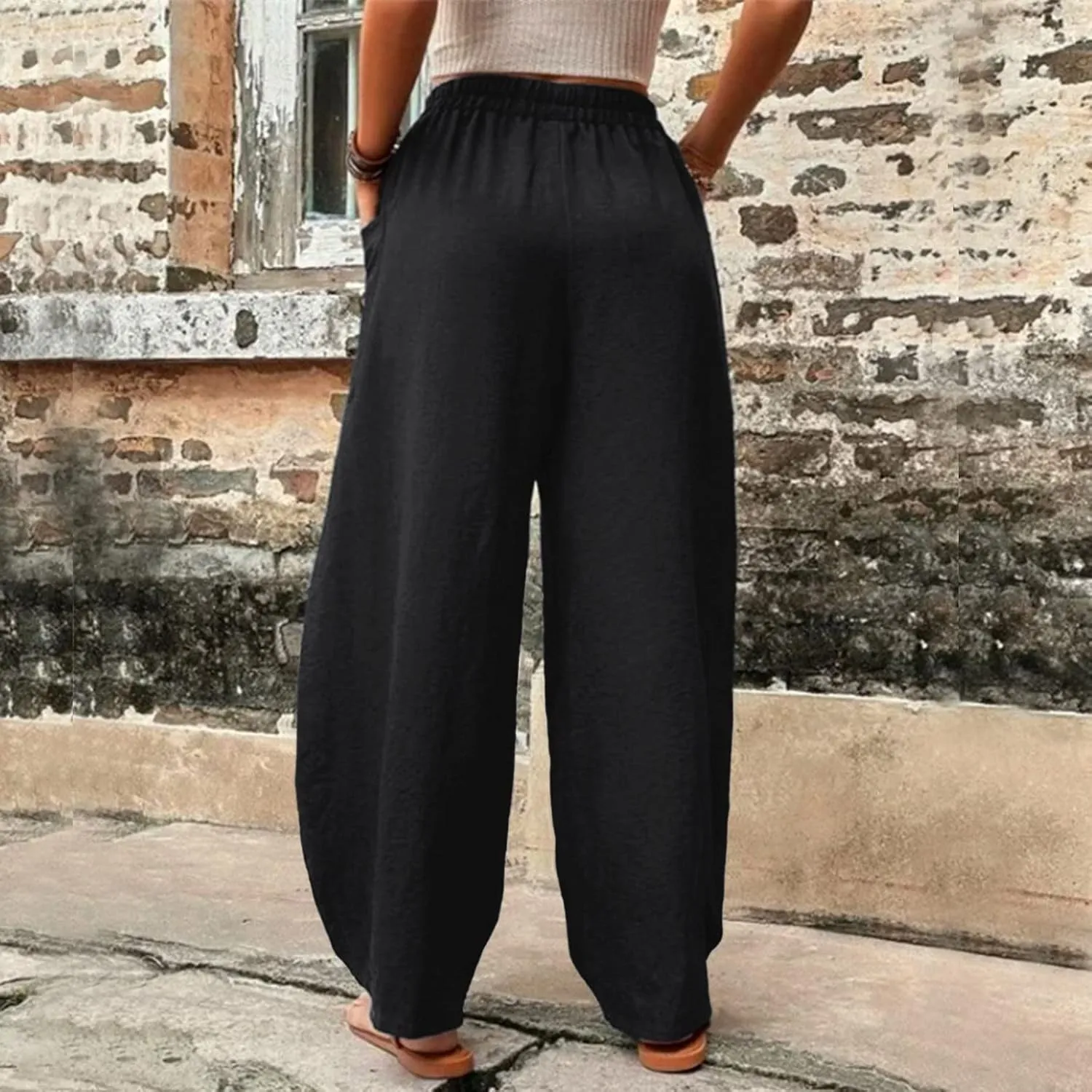 YOLAI Womens Cotton Linen Tapered Pant Elastic Waist Solid Color Harem Pant Summer Lightweight Wide Leg Trousers