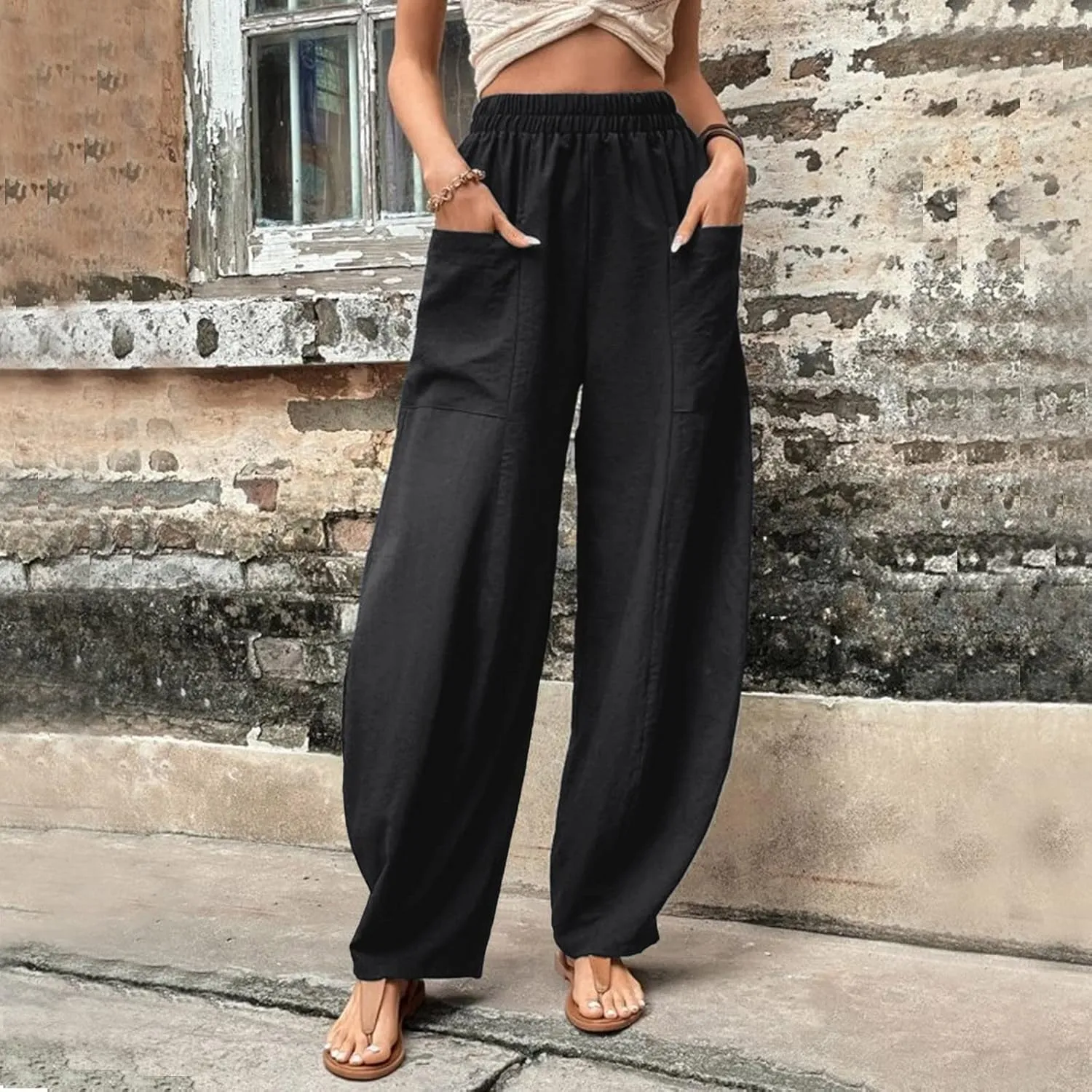 YOLAI Womens Cotton Linen Tapered Pant Elastic Waist Solid Color Harem Pant Summer Lightweight Wide Leg Trousers