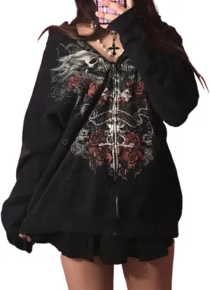 Yuemengxuan Womens Y2K Zipper Hoodie Long Sleeve Sweatshirt Harajuku Punk Grunge Tops Oversized Vintage Streetwear