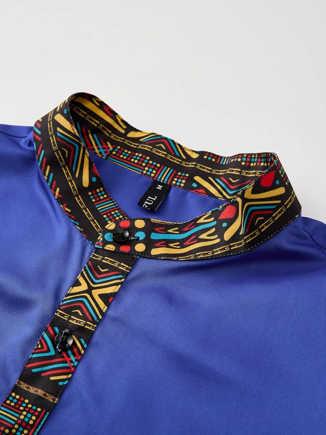 ZAFUL Men's African Shirt Hipster Tribal Graphic Patchwork Slim Fit Tee Long Sleeve Button Down Mandarin Collar Shirts