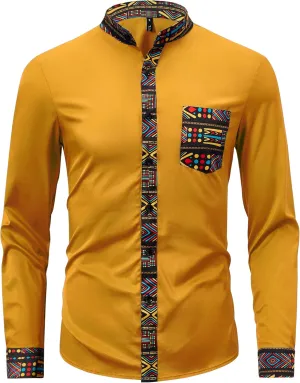 ZAFUL Men's African Shirt Hipster Tribal Graphic Patchwork Slim Fit Tee Long Sleeve Button Down Mandarin Collar Shirts