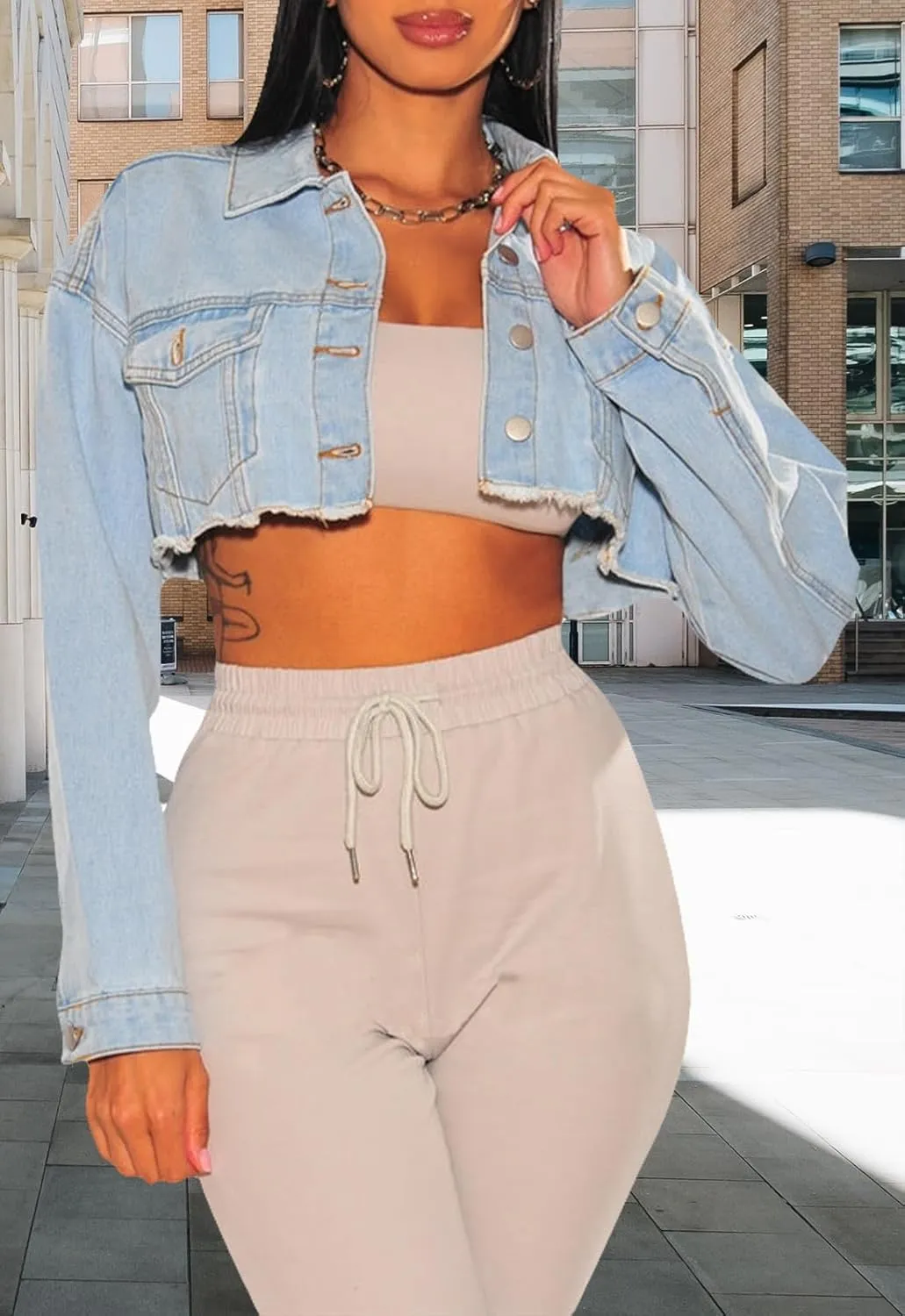 ZERMOM Women's Cropped Denim Jacket Button Down Long Sleeve Fitted Crop Top Jean Coat