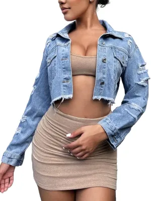 ZERMOM Women's Cropped Denim Jacket Button Down Long Sleeve Fitted Crop Top Jean Coat