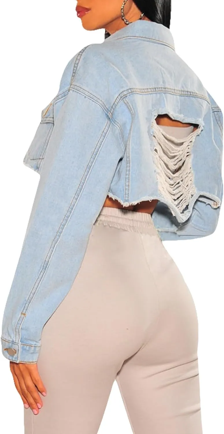 ZERMOM Women's Cropped Denim Jacket Button Down Long Sleeve Fitted Crop Top Jean Coat