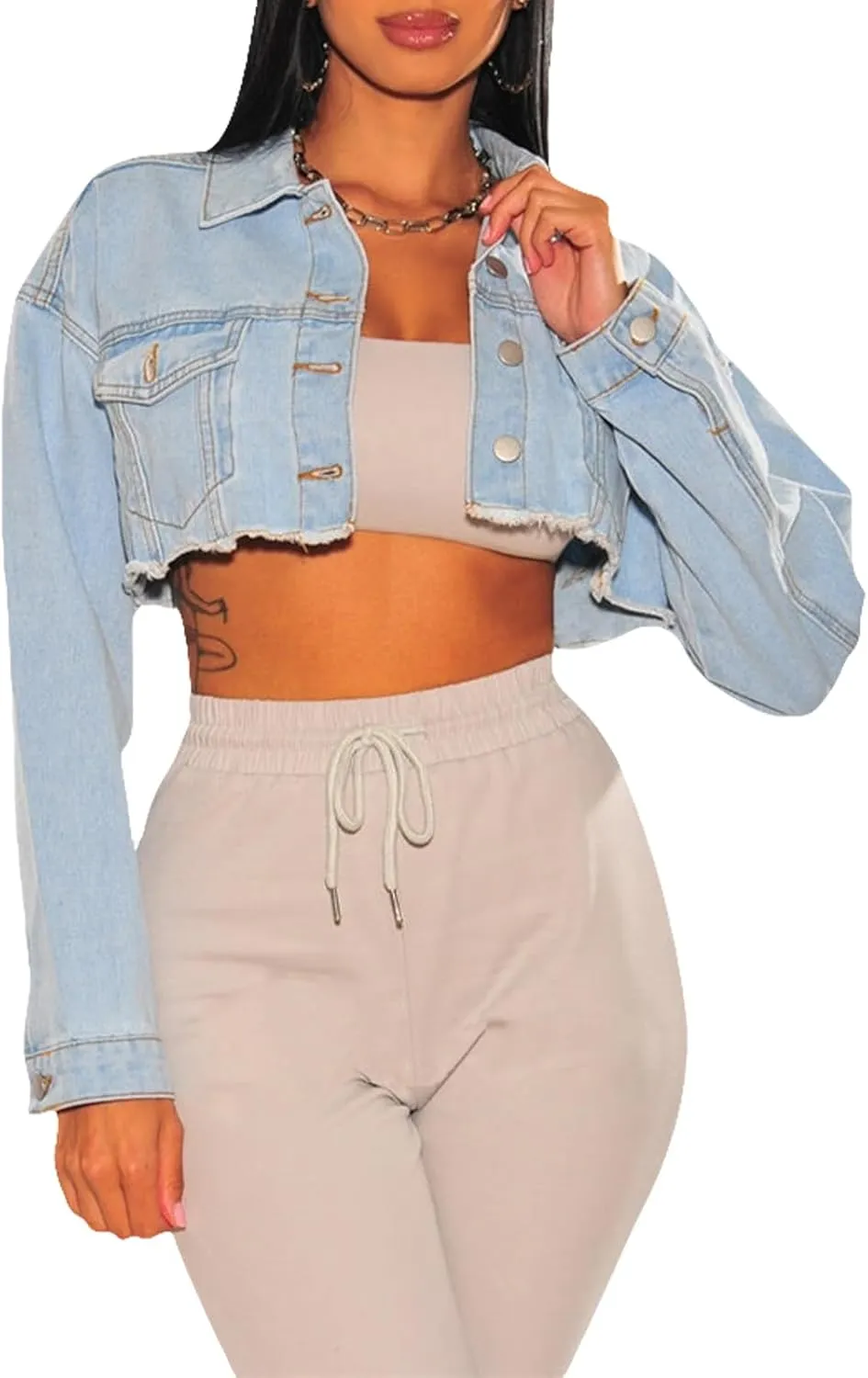 ZERMOM Women's Cropped Denim Jacket Button Down Long Sleeve Fitted Crop Top Jean Coat