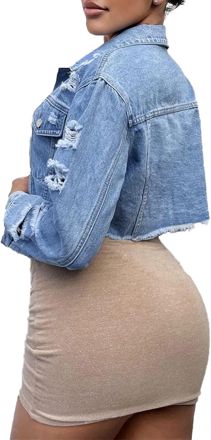 ZERMOM Women's Cropped Denim Jacket Button Down Long Sleeve Fitted Crop Top Jean Coat