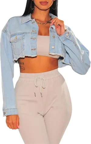 ZERMOM Women's Cropped Denim Jacket Button Down Long Sleeve Fitted Crop Top Jean Coat
