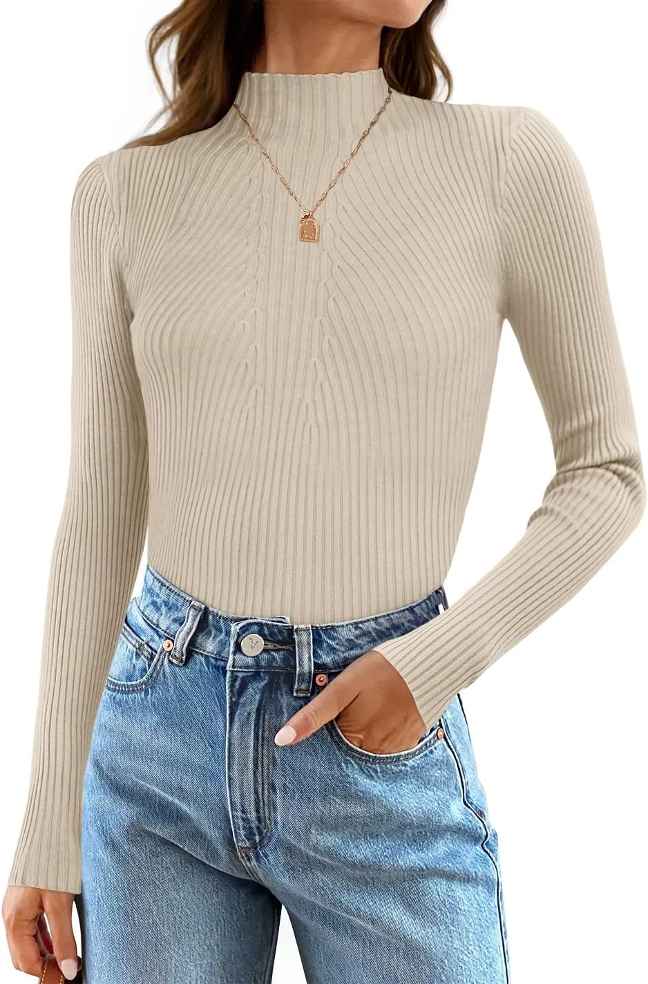 ZESICA Women's Fall Long Sleeve Turtleneck T Shirt Ribbed Knit Sweater Slim Fit Basic Casual Tee Tops