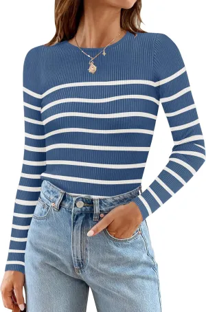 ZESICA Women's Long Sleeve Crewneck Striped Shirts Spring Ribbed Knit Sweater Slim Fitted Casual Basic Tee Tops