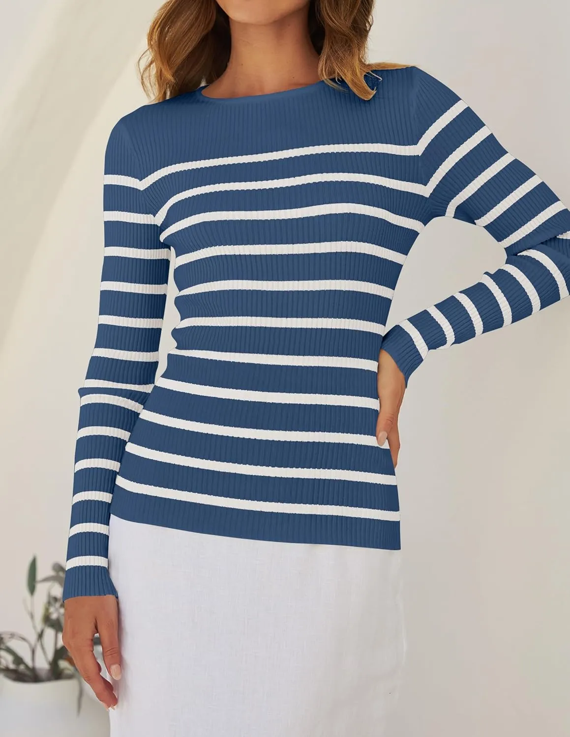 ZESICA Women's Long Sleeve Crewneck Striped Shirts Spring Ribbed Knit Sweater Slim Fitted Casual Basic Tee Tops