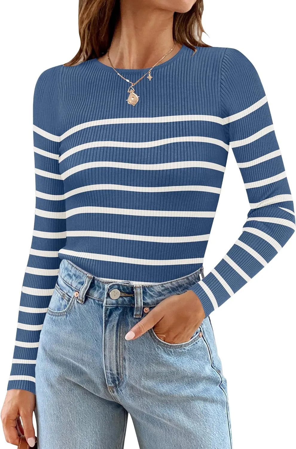 ZESICA Women's Long Sleeve Crewneck Striped Shirts Spring Ribbed Knit Sweater Slim Fitted Casual Basic Tee Tops