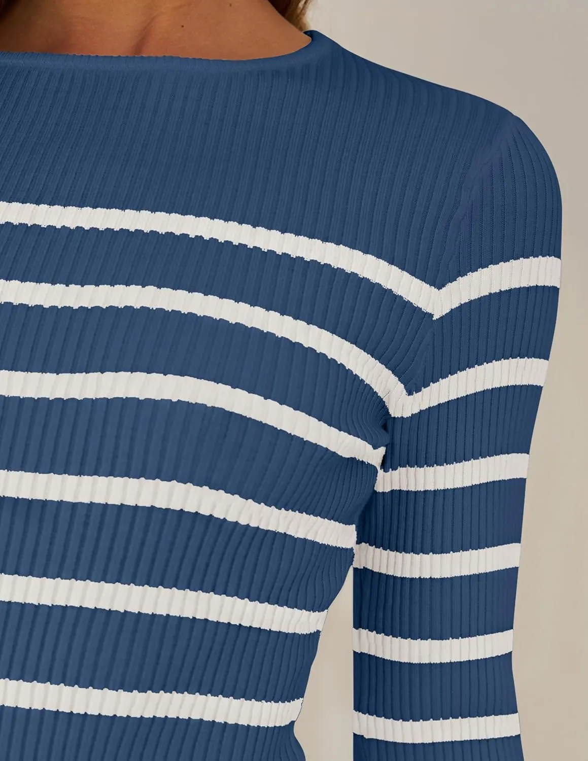 ZESICA Women's Long Sleeve Crewneck Striped Shirts Spring Ribbed Knit Sweater Slim Fitted Casual Basic Tee Tops