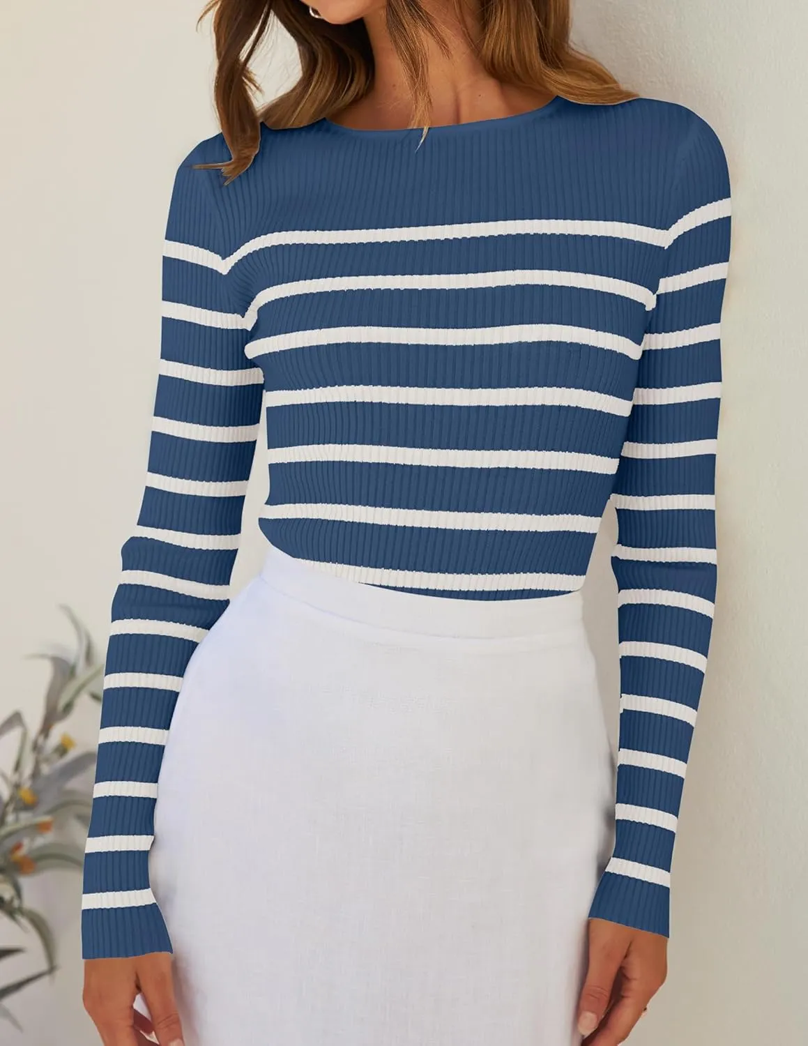 ZESICA Women's Long Sleeve Crewneck Striped Shirts Spring Ribbed Knit Sweater Slim Fitted Casual Basic Tee Tops