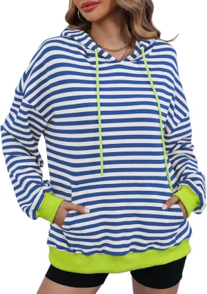 ZILIN Womens Striped Oversized Sweatshirts Long Sleeve Color Block Hoodies Pullover Top Y2K Clothes with Pocket