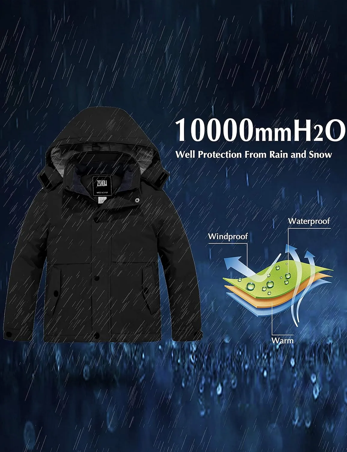 ZSHOW Boys' Waterproof Ski Jacket Hooded Fleece Lined Raincoat Warm Winter Coat