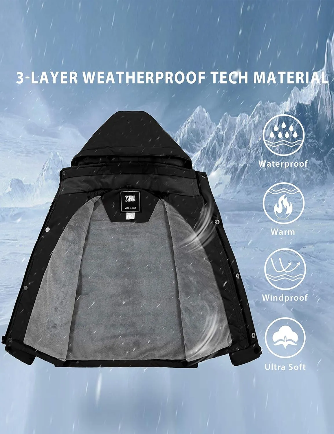 ZSHOW Boys' Waterproof Ski Jacket Hooded Fleece Lined Raincoat Warm Winter Coat