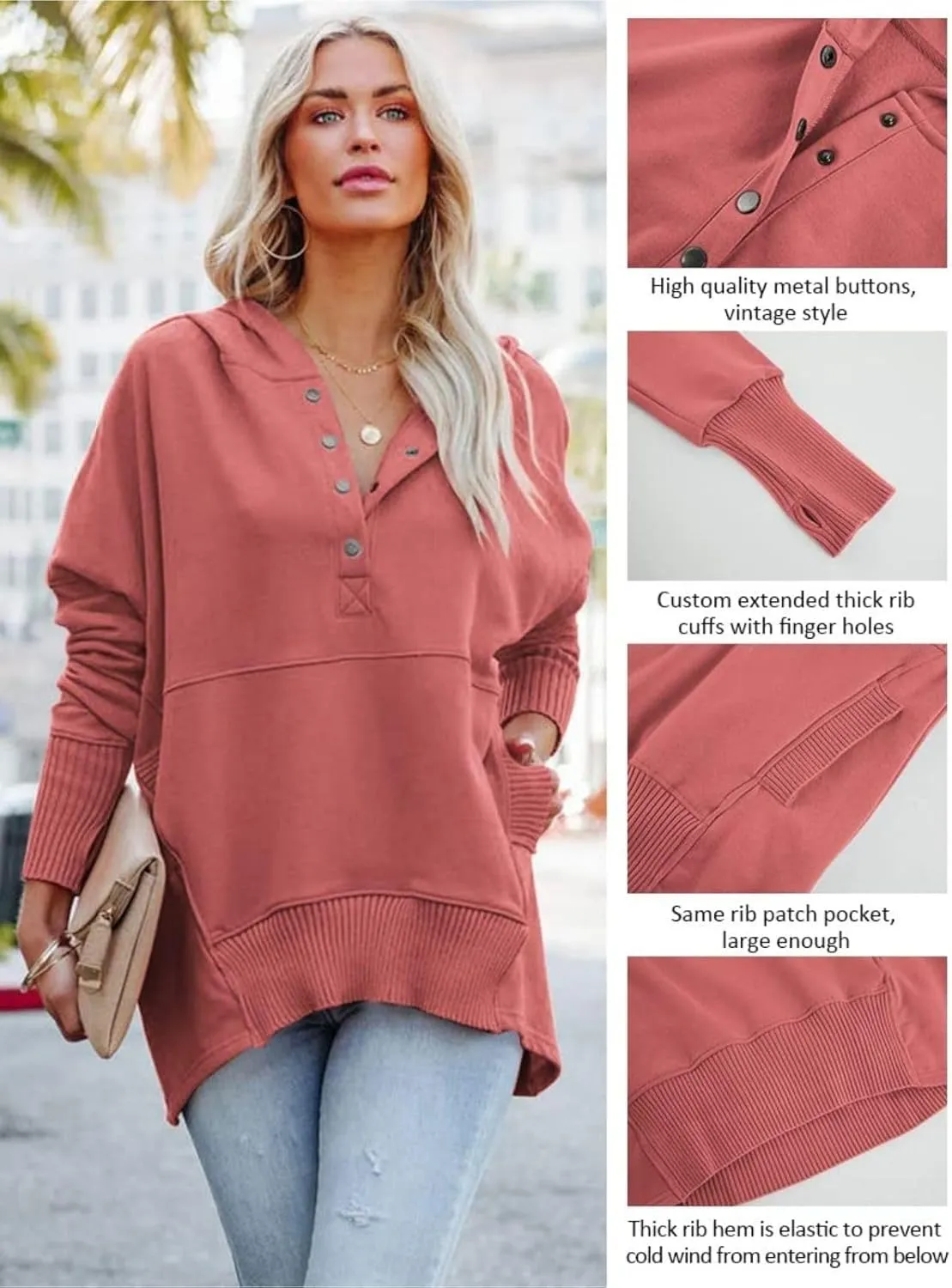Zwurew Hoodies for Women Oversized Sweatshirt Pullover Long Sleeve Tops Henley Shirt with Pocket